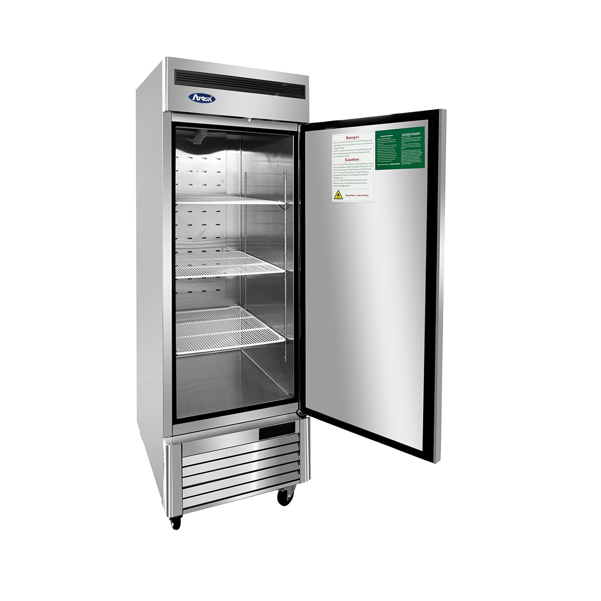 Atosa MBF8505GRL reach-in refrigerator with door open showing three interior wire shelves and stainless steel interior