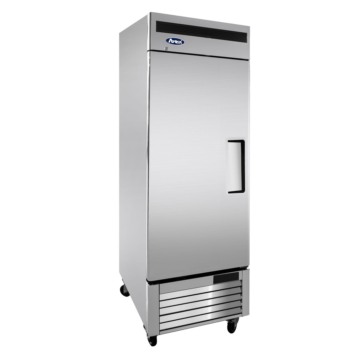 Atosa MBF8505GRL reach-in refrigerator three-quarter angle view showing stainless steel exterior and bottom-mount compressor compartment