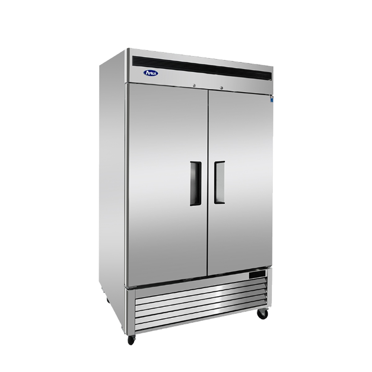 Atosa MBF8507GR two-door reach-in refrigerator angled view showing stainless steel sides and bottom-mount compressor grille