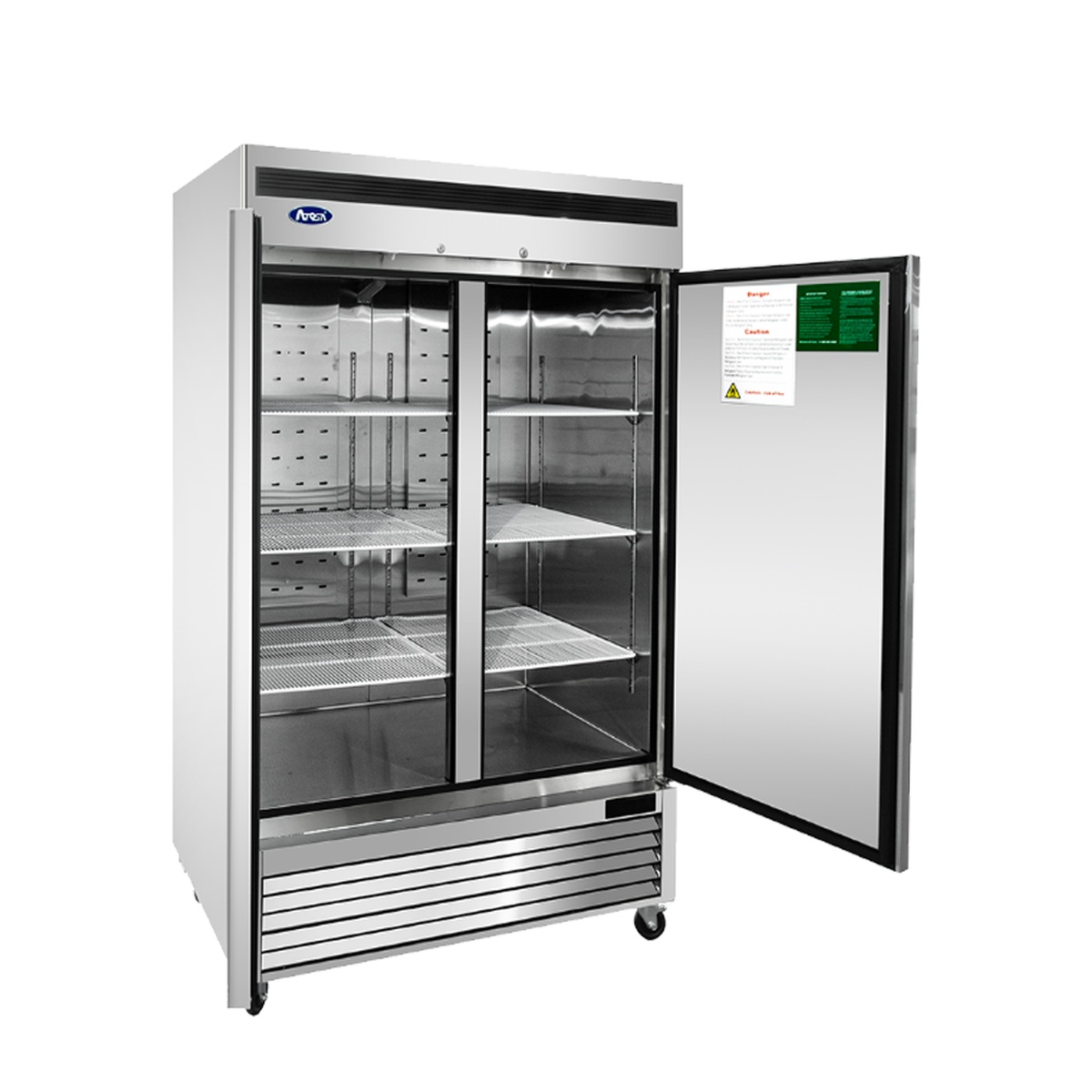 Atosa MBF8507GR reach-in refrigerator with door open showing stainless steel interior and adjustable wire shelves
