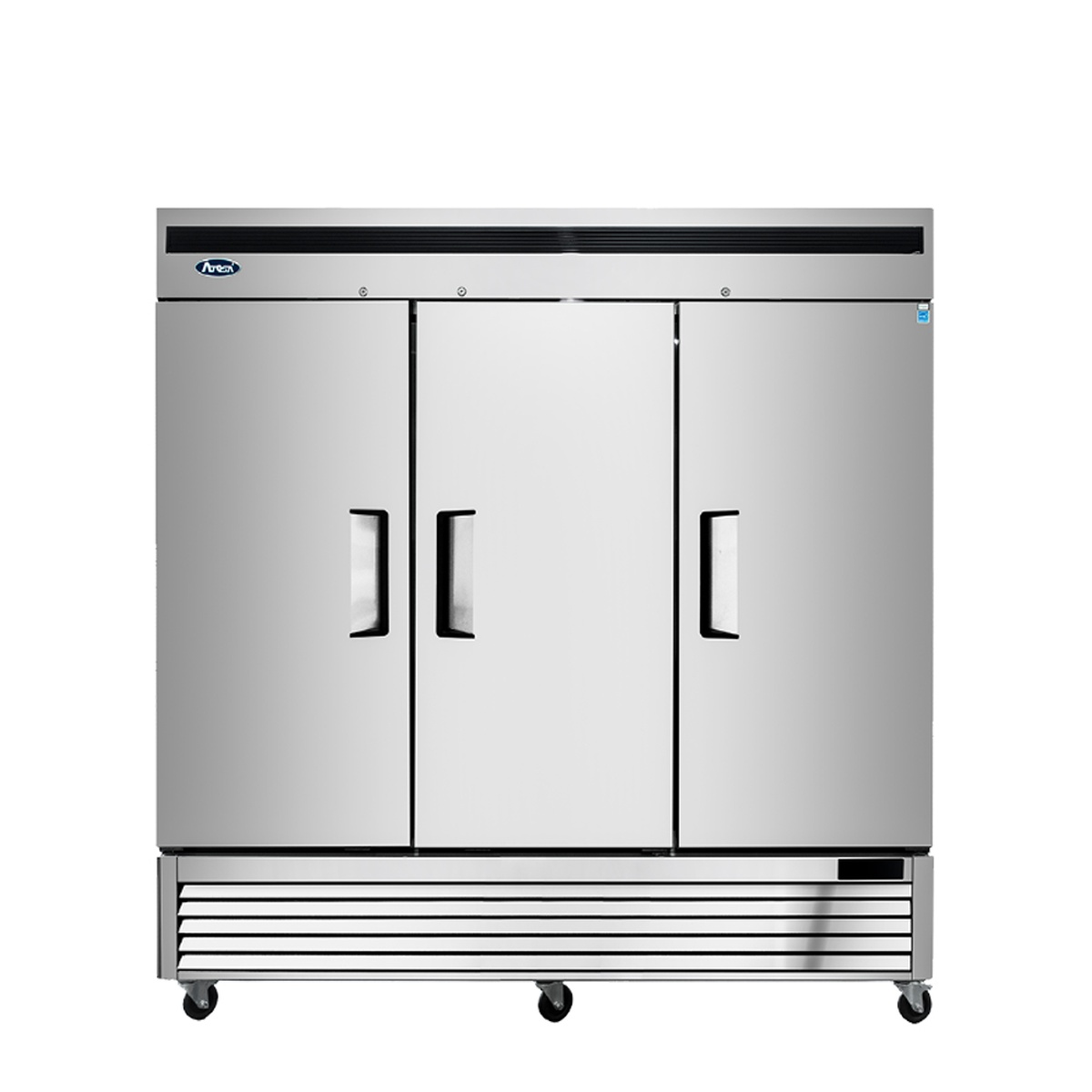 Atosa MBF8508GR three-door reach-in refrigerator front view with stainless steel doors and bottom mount compressor