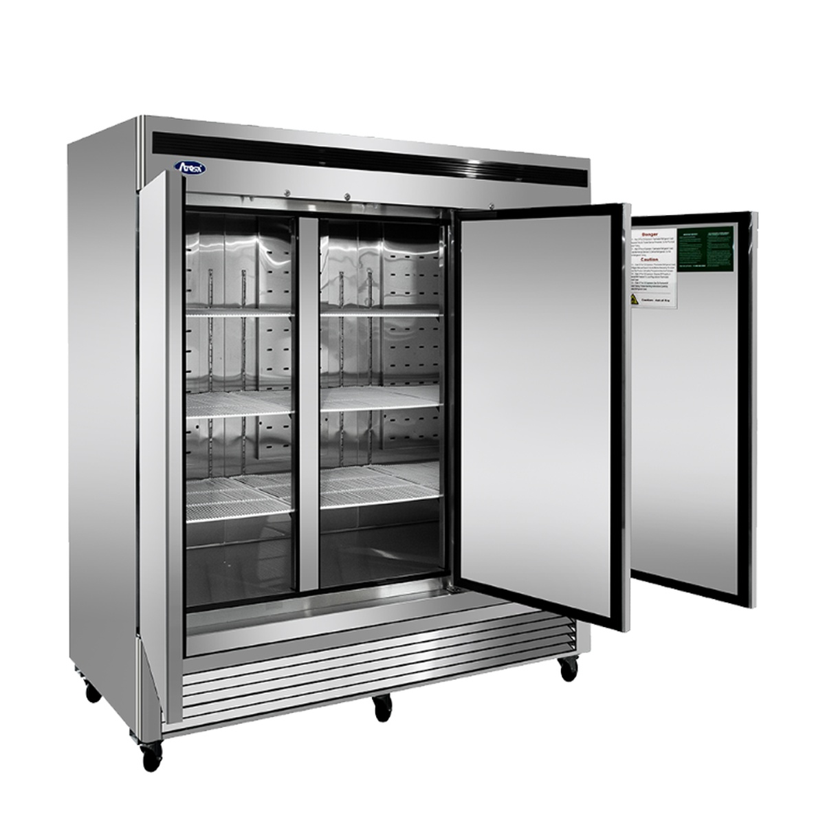 Atosa MBF8508GR interior view with doors open showing stainless steel shelves and LED lighting