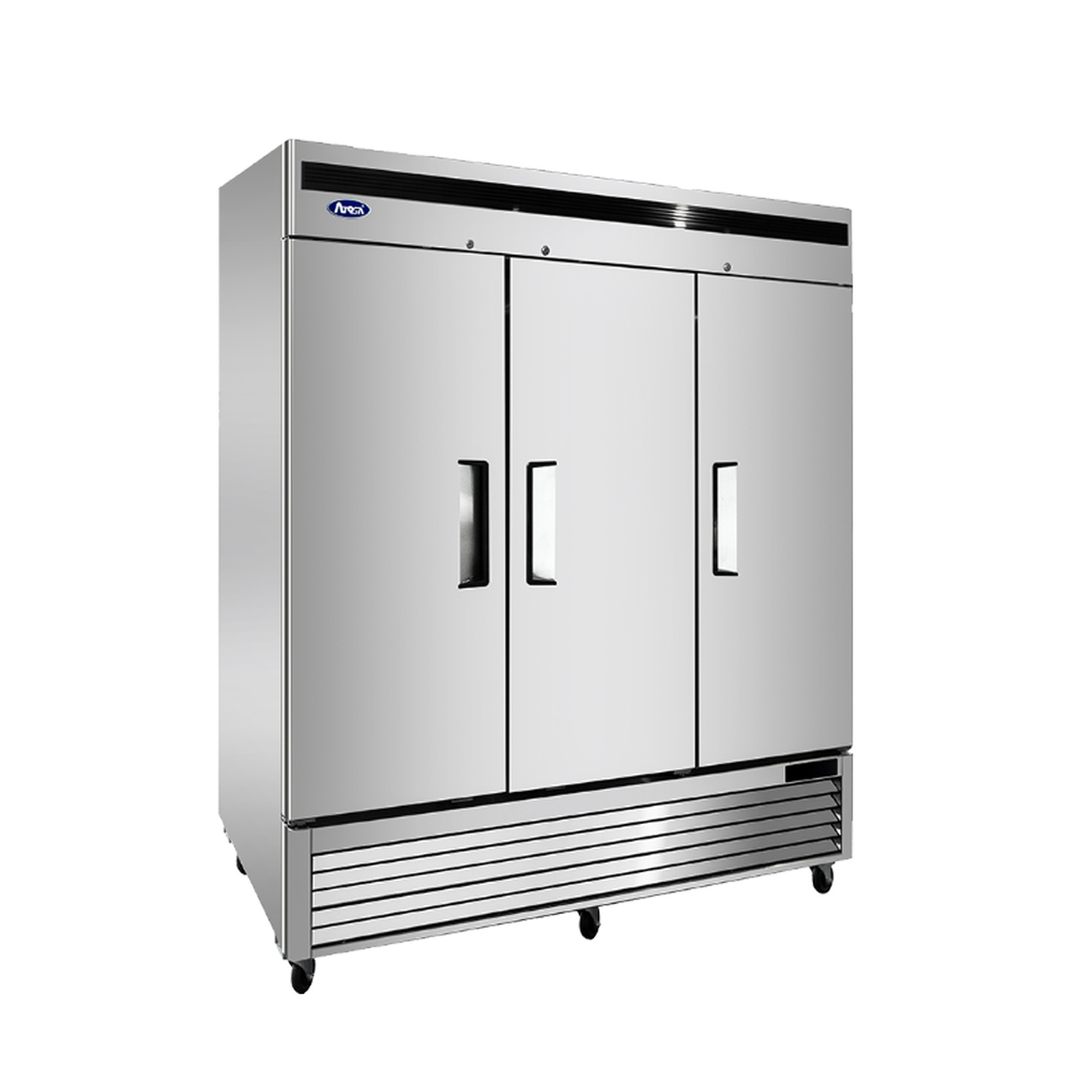 Atosa MBF8508GR three-door reach-in refrigerator angled side view showing bottom mount compressor grille