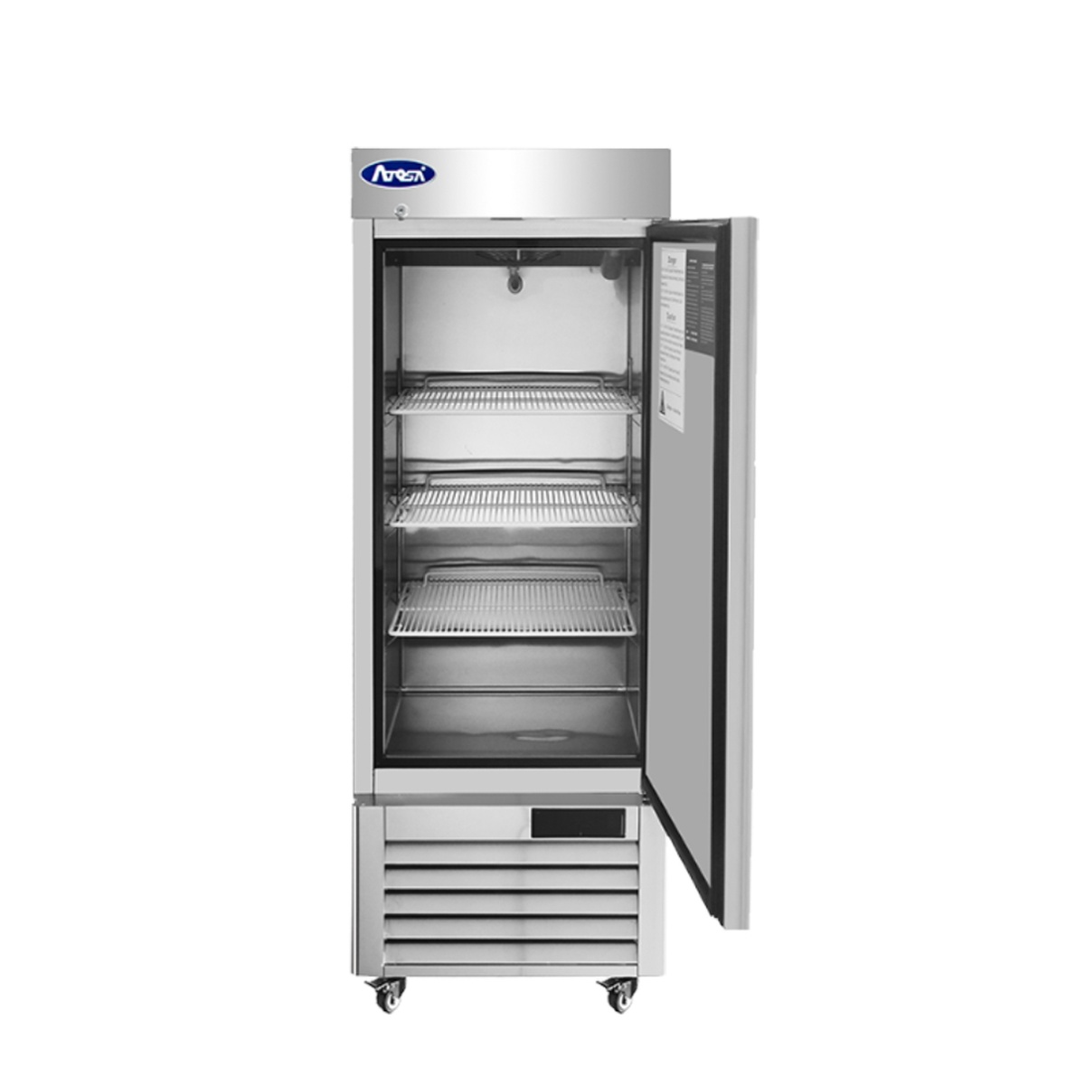 Atosa MBF8520GR reach-in freezer with door open showing three pre-installed epoxy-coated wire shelves and stainless steel interior