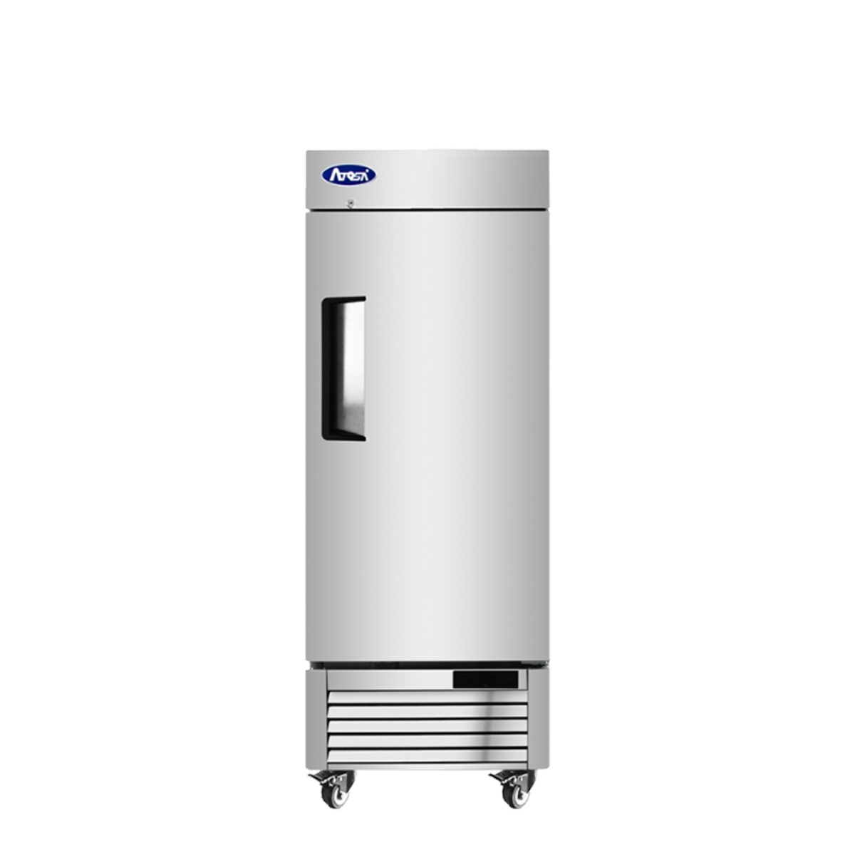 Atosa MBF8520GR single solid door reach-in freezer exterior, stainless steel finish with bottom-mount compressor and casters