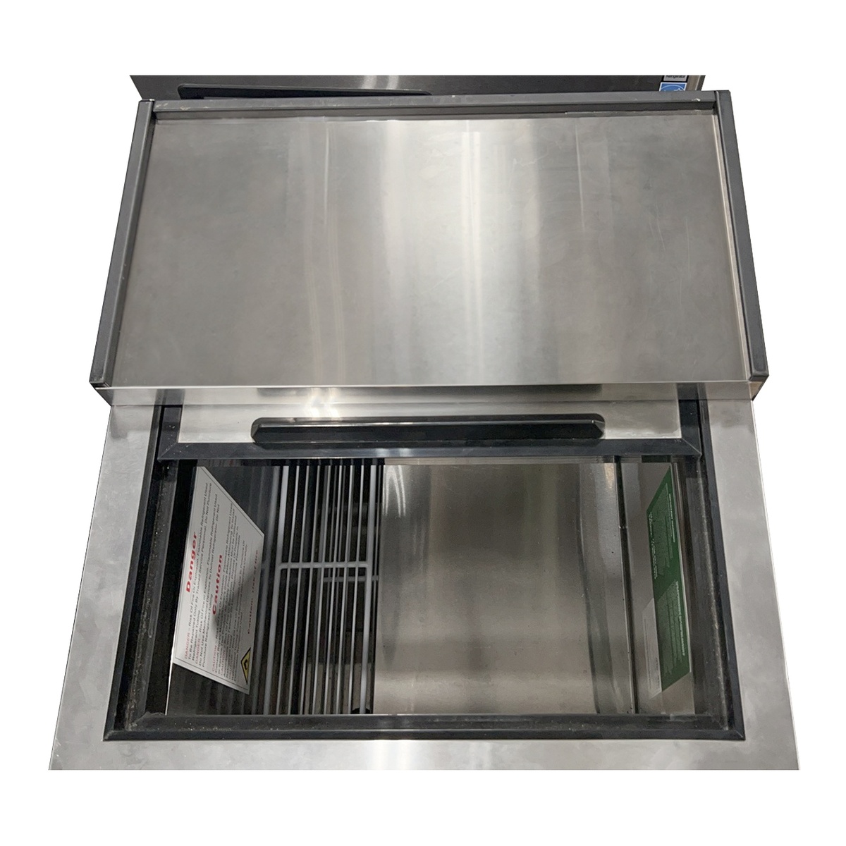 Atosa MBGF24GR glass froster interior view with stainless steel sliding lid open