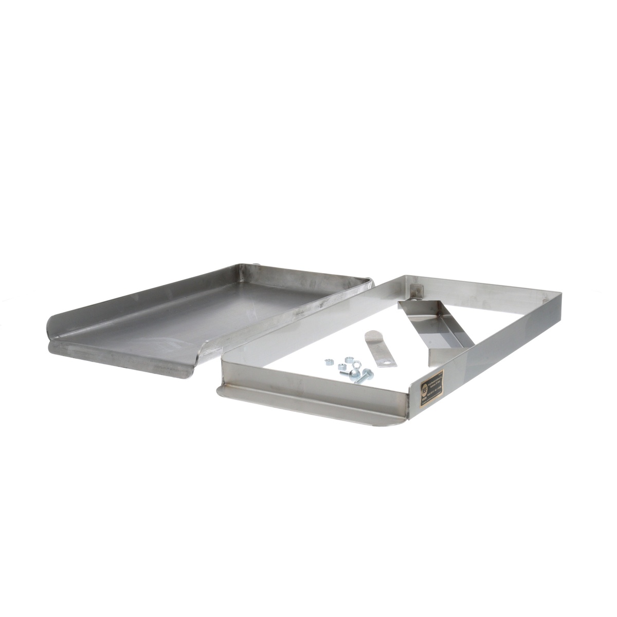 Rocky Mountain Cookware MC12-8 griddle plate and stainless steel frame separated, with mounting hardware visible