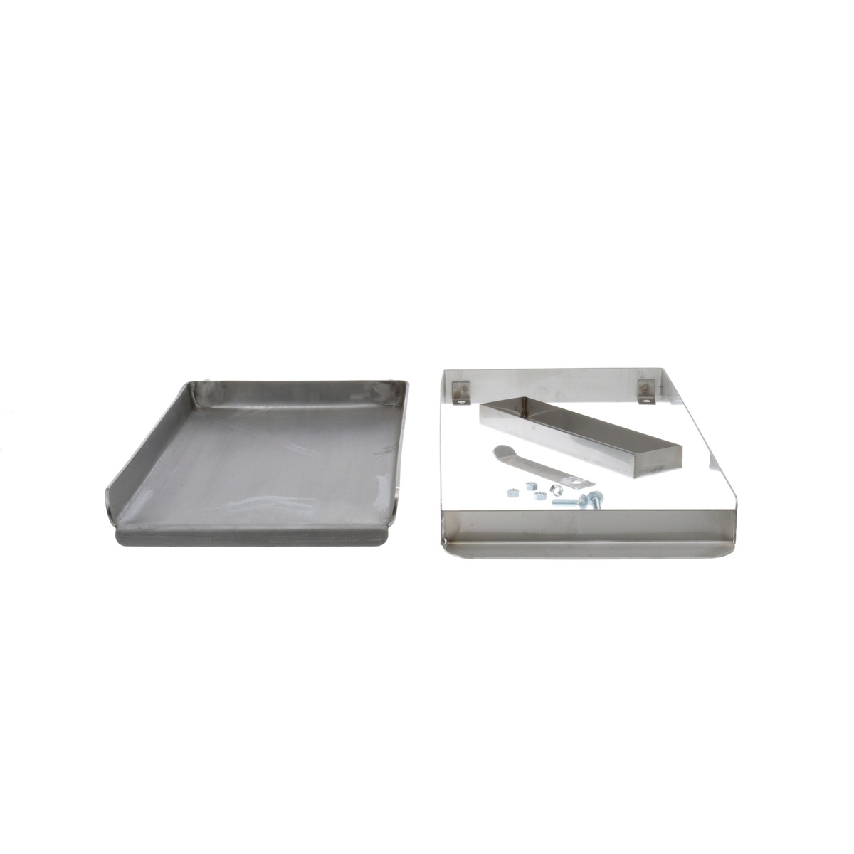 Rocky Mountain Cookware MC12-8 lift-off griddle components laid flat showing the steel plate, stainless frame, grease tray, and mounting hardware