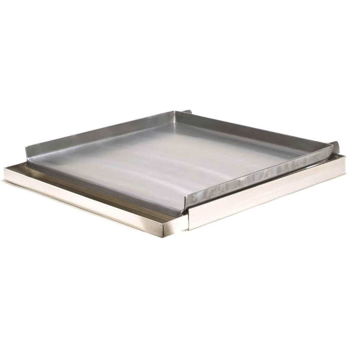 Rocky Mountain MC24-8 lift-off griddle plate with stainless steel frame and removable grease tray on white background