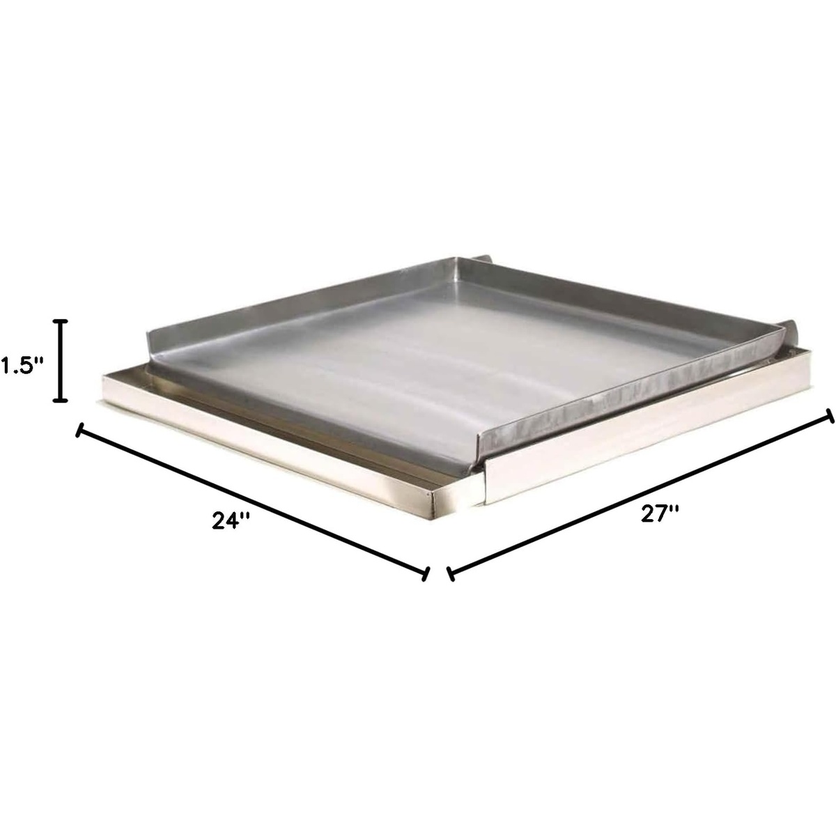 Rocky Mountain MC24-8 griddle with dimension callouts showing 24-inch width, 27-inch length, and 1.5-inch raised side walls