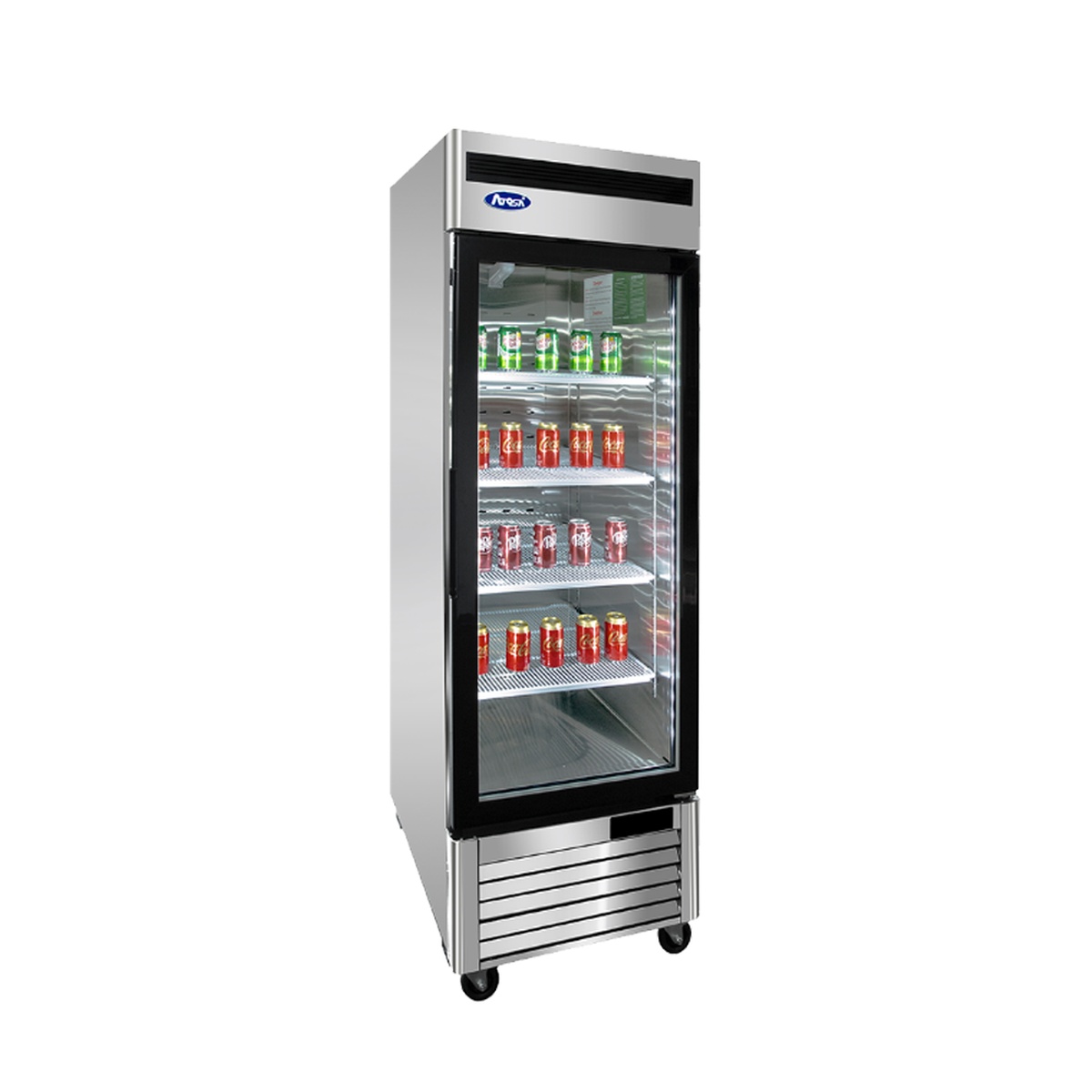 Atosa MCF8701GR merchandiser freezer, three-quarter angled view showing stainless steel side panels and pre-installed casters