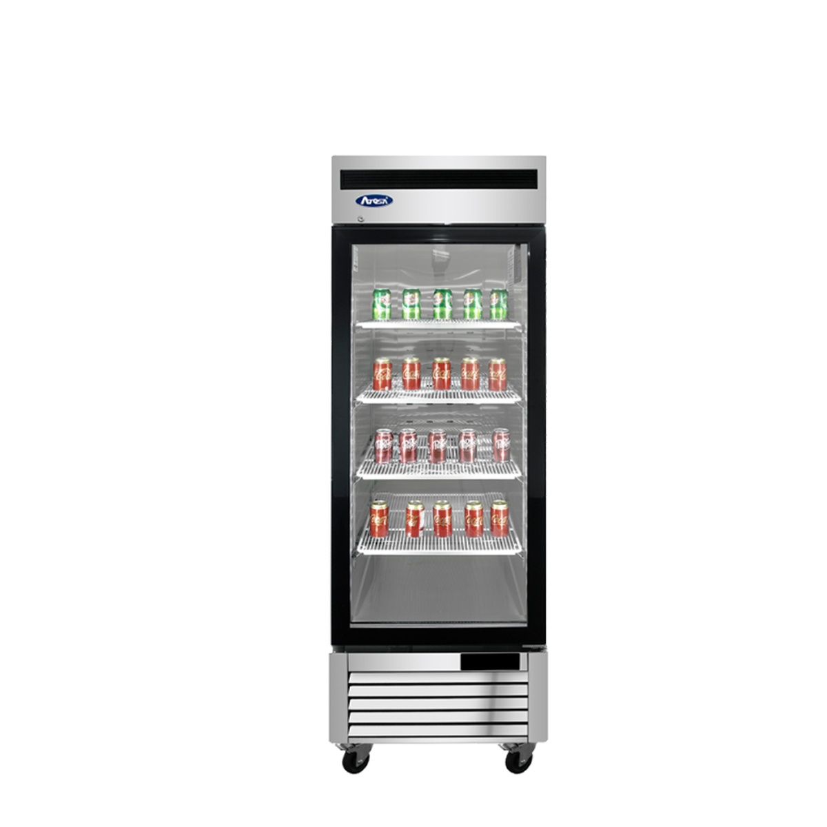 Atosa MCF8701GR single glass door merchandiser freezer, front view, stainless steel with LED-lit interior and four wire shelves