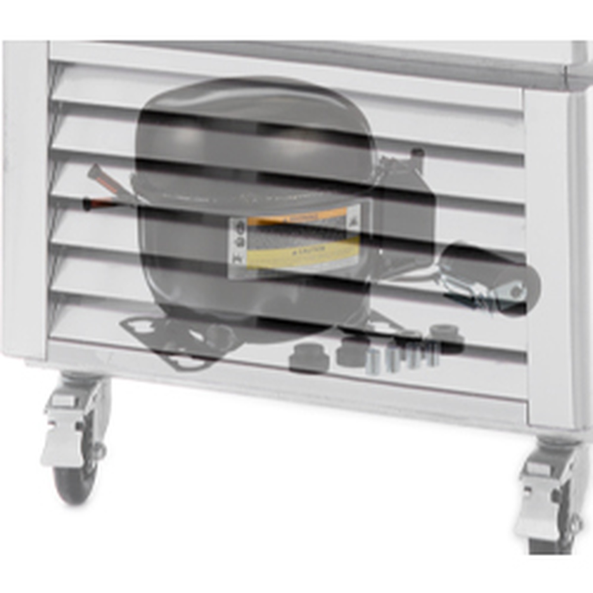 Close-up of Atosa MCF8701GR bottom-mount Embraco compressor and pre-installed casters