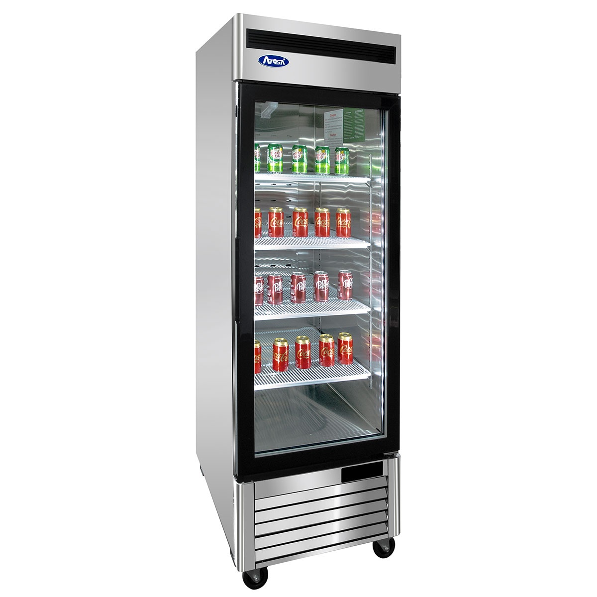 Atosa MCF8705GR glass door merchandiser refrigerator angled side view showing stainless steel exterior and stocked shelves