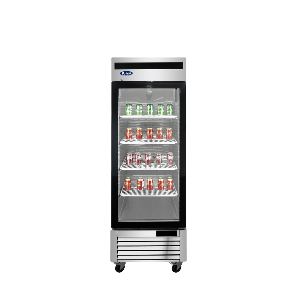 Atosa MCF8705GR single glass door merchandiser refrigerator front view stocked with canned beverages on four shelves
