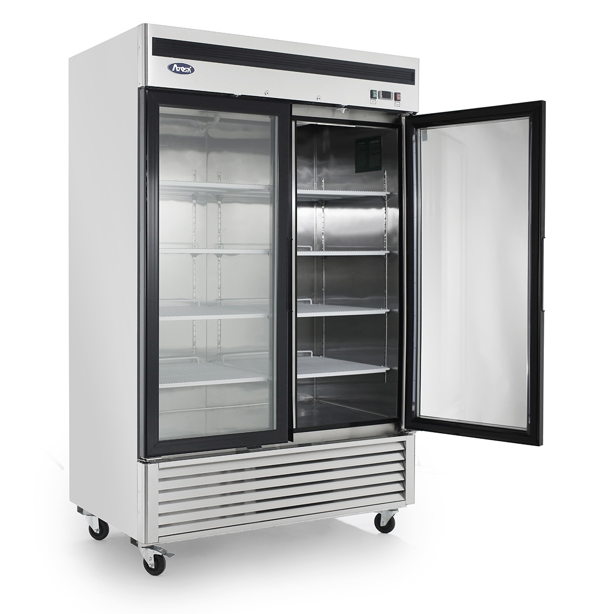 Atosa MCF8707GR merchandiser refrigerator with one glass door open showing adjustable shelves