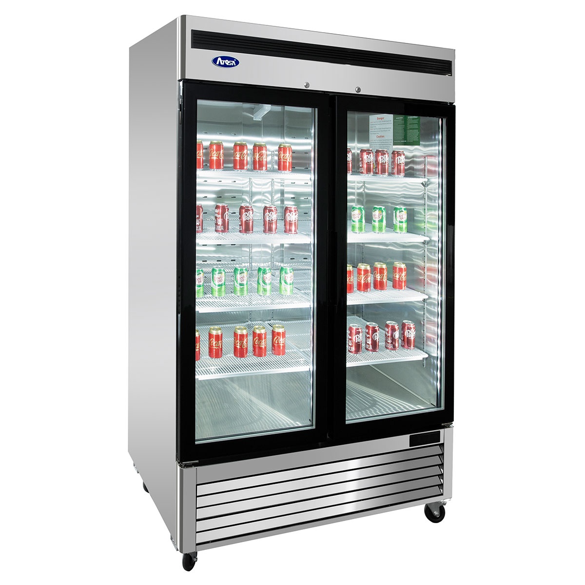 Angle view of Atosa MCF8707GR merchandiser refrigerator with interior LED lighting