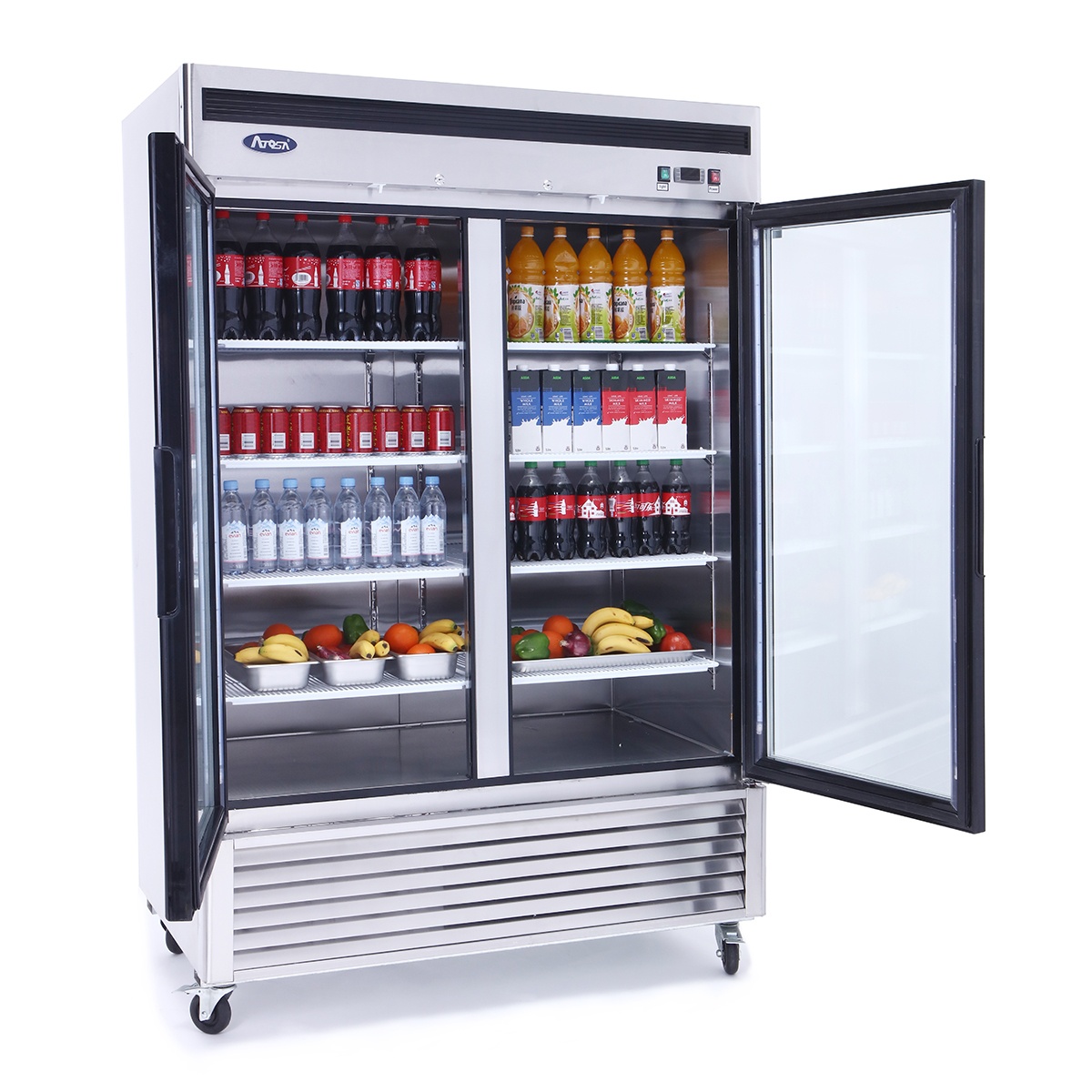 Atosa MCF8707GR merchandiser refrigerator with both glass doors open showing stocked shelves