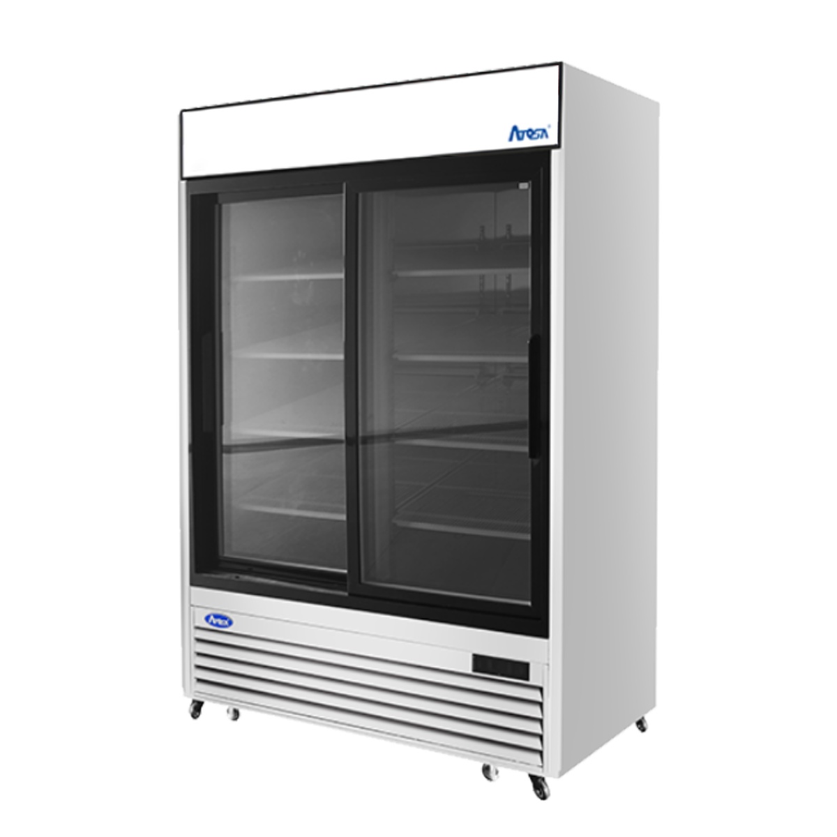 Atosa MCF8709GR two-door sliding glass merchandiser, angled side view highlighting stainless steel cabinet, LED-lit interior, and heavy-duty casters