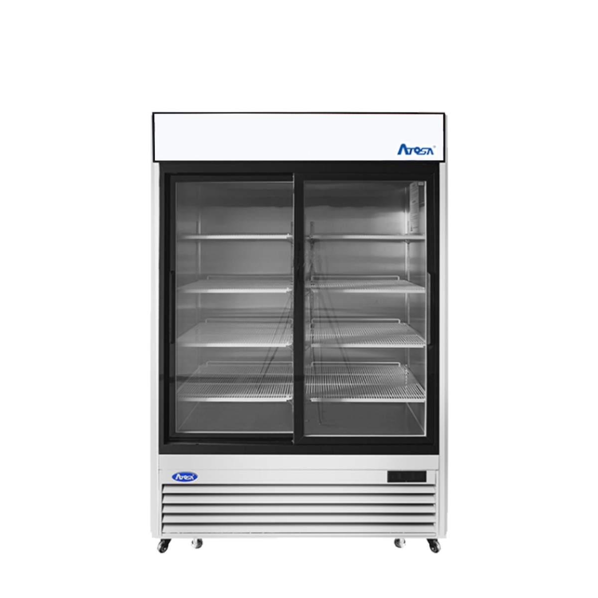 Atosa MCF8709GR two-section sliding glass door merchandiser refrigerator, front view, showing eight wire shelves and bottom-mount compressor panel