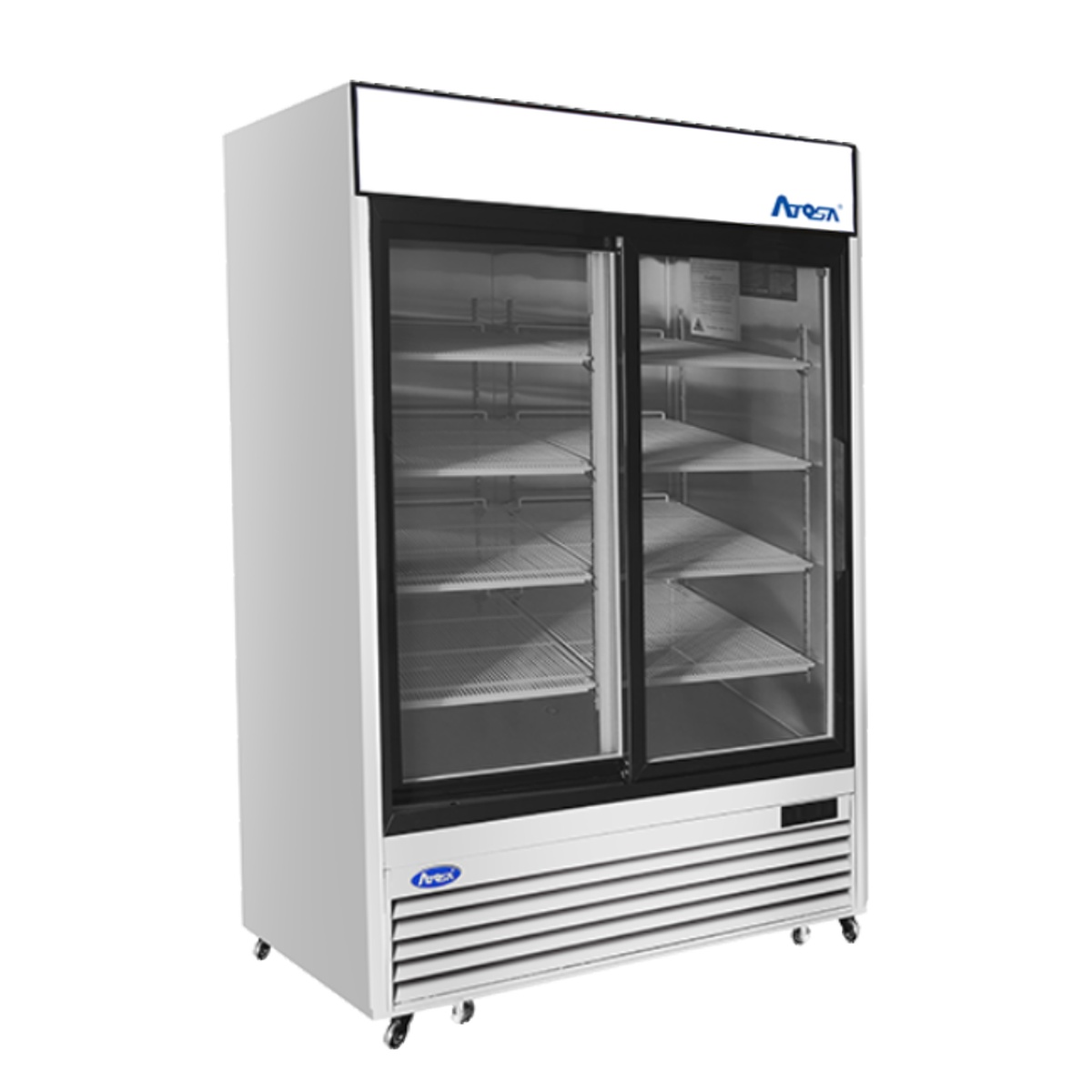 Atosa MCF8709GR merchandiser refrigerator, angled three-quarter view showing stainless steel sides, sliding glass doors open, and wire shelving