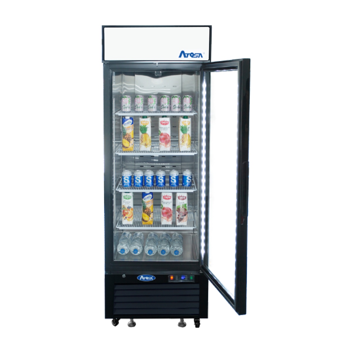Atosa MCF8720GR merchandiser freezer with glass door open, showing four shelves stocked with beverages and LED interior lighting
