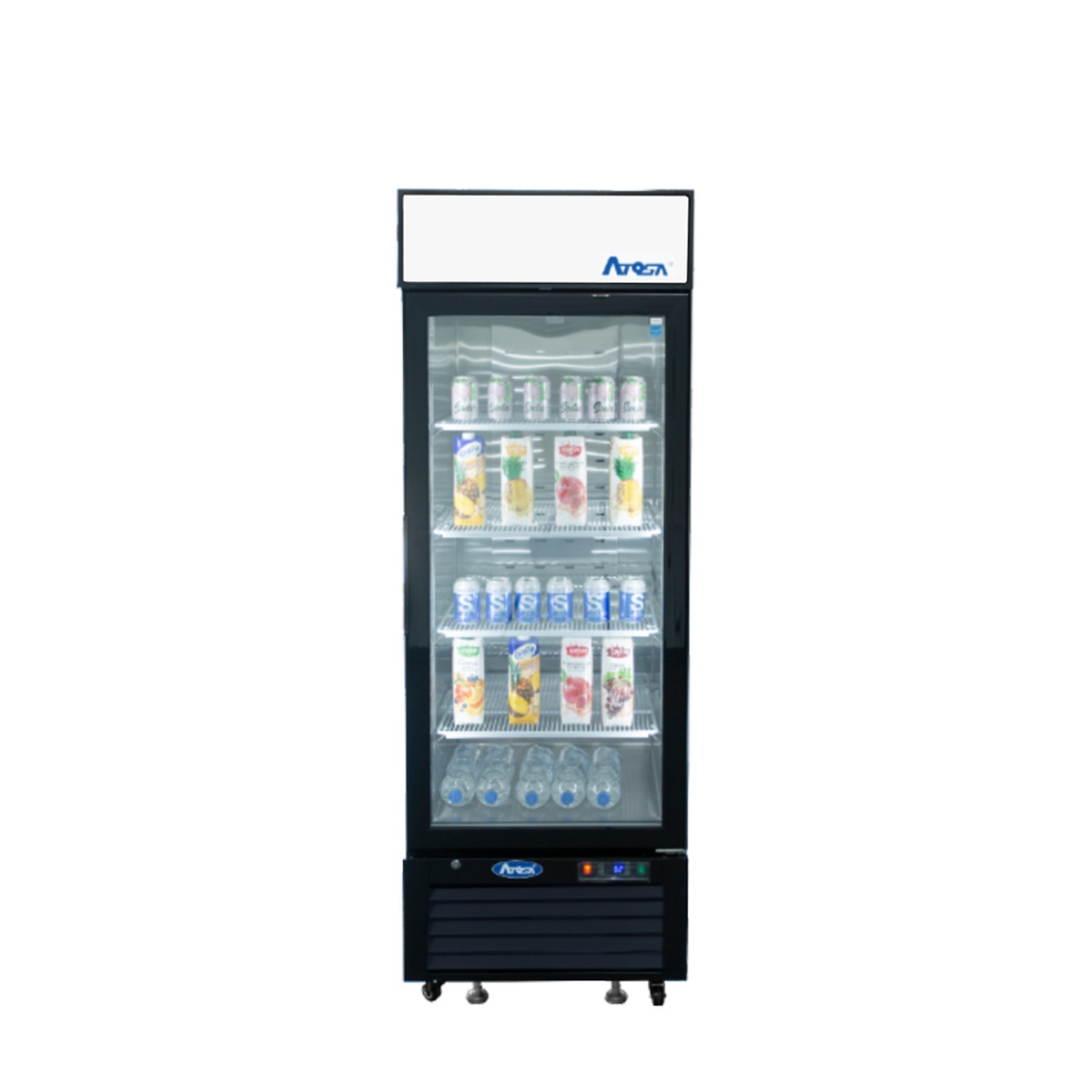 Atosa MCF8720GR single glass door merchandiser freezer, front view closed, black cabinet with lighted header panel