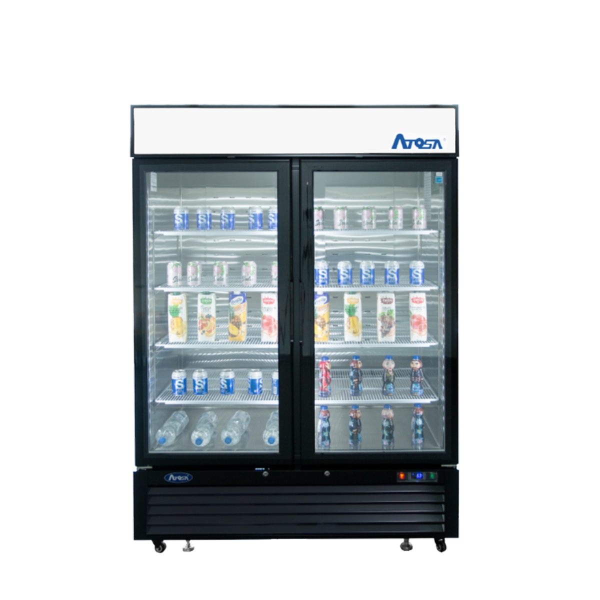 Front view of Atosa MCF8721ES two glass door merchandiser freezer with lighted header