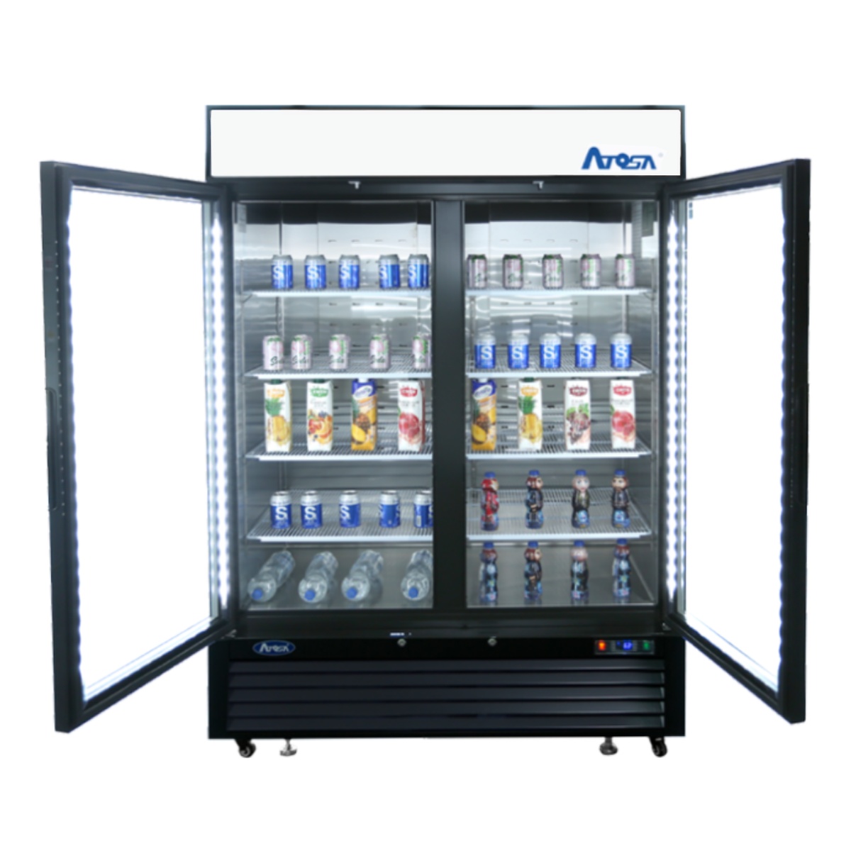 Atosa MCF8721ES merchandiser freezer with both glass doors open showing illuminated interior shelves
