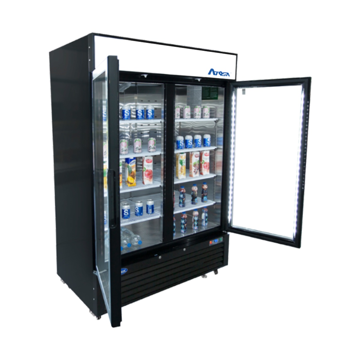 Angled view of Atosa MCF8721ES merchandiser freezer with one glass door open