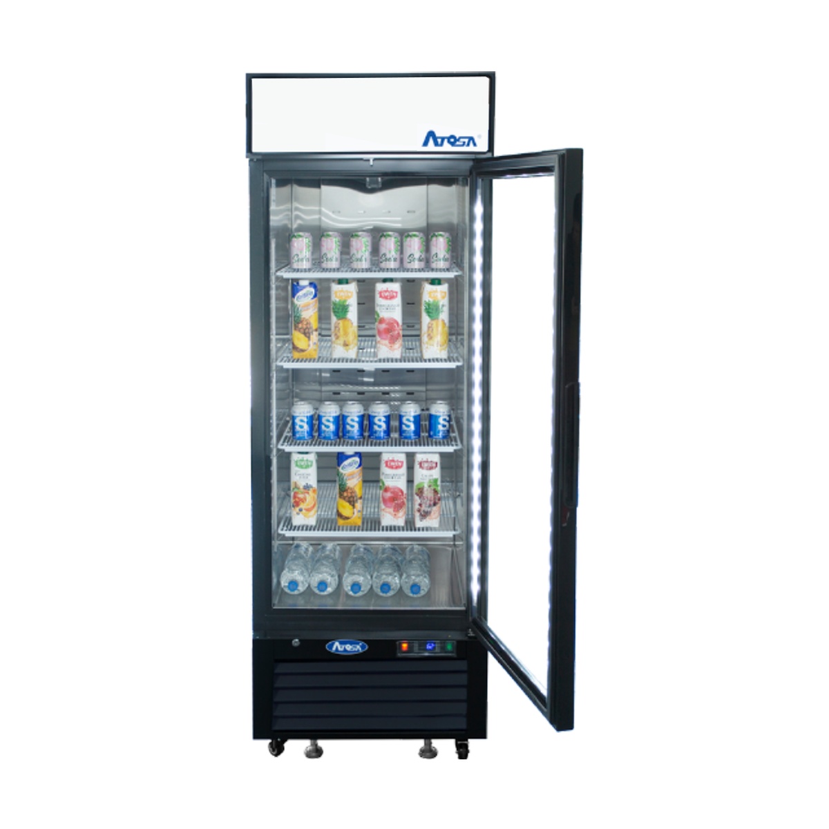 Atosa MCF8722GR glass door merchandiser cooler with door open, shelves stocked with canned and bottled beverages