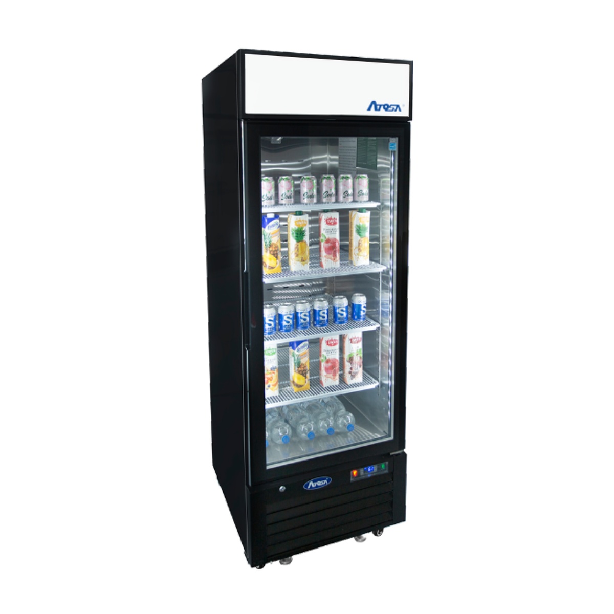 Atosa MCF8722GR merchandiser cooler three-quarter angle view with shelves fully stocked with canned and bottled beverages