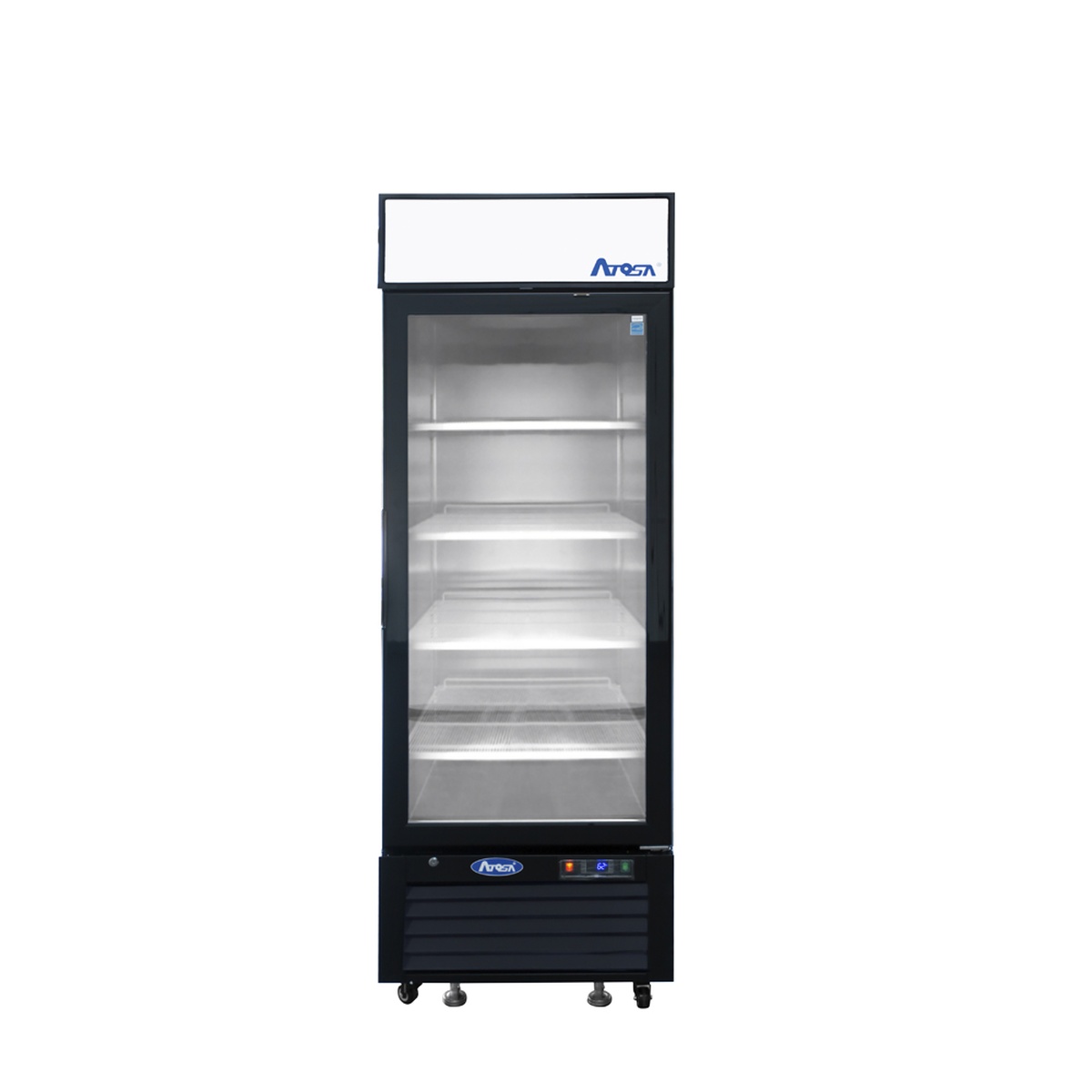 Atosa MCF8722GR single glass door merchandiser cooler front view, empty interior with four shelves