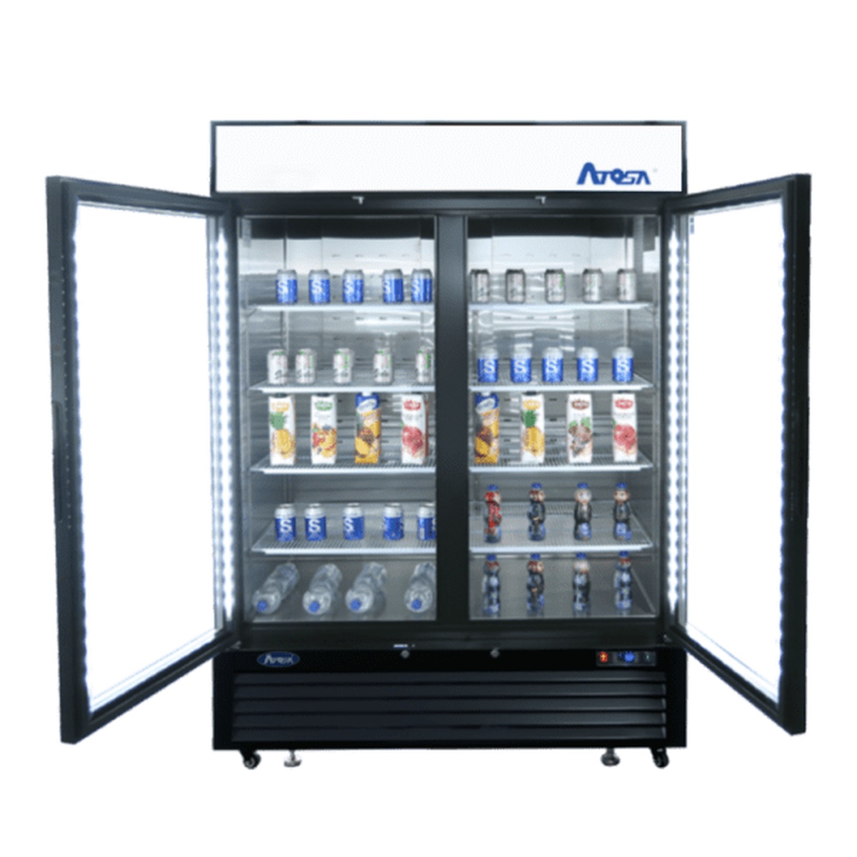 Atosa MCF8723GR merchandiser refrigerator with both glass doors open showing illuminated interior shelves