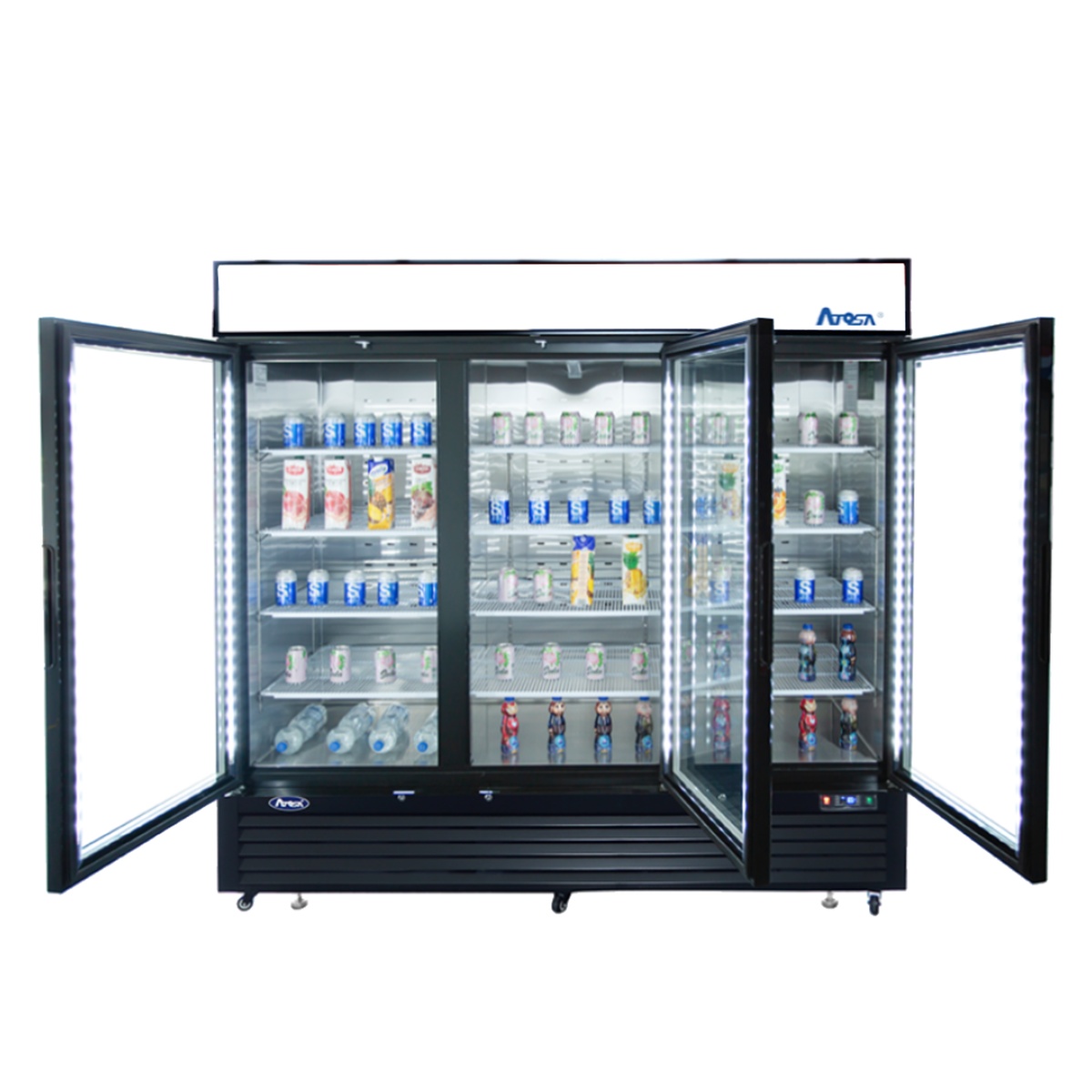Atosa three glass door merchandiser refrigerator with doors open showing interior shelving