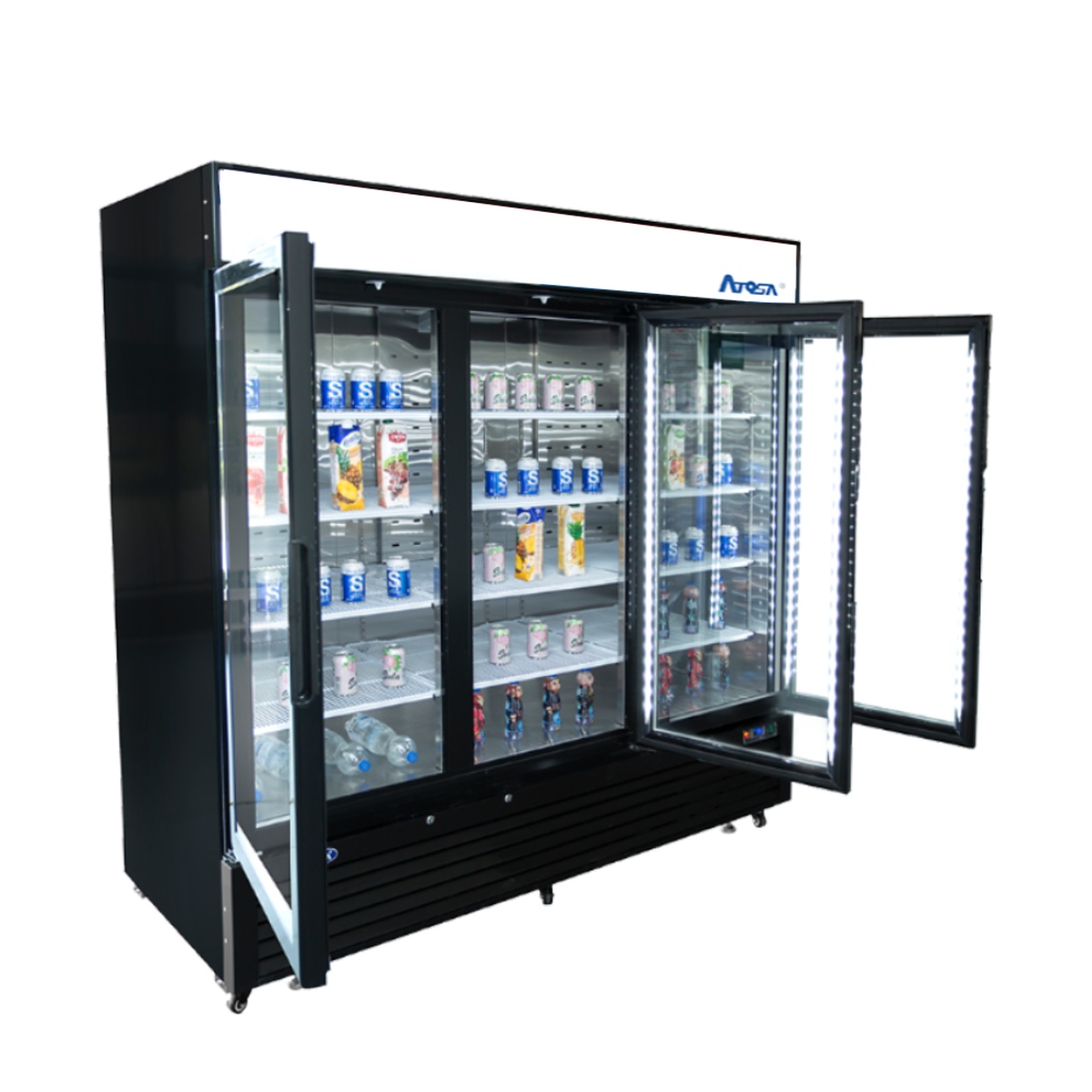 Angled view of Atosa MCF8724GR merchandiser refrigerator with glass doors open