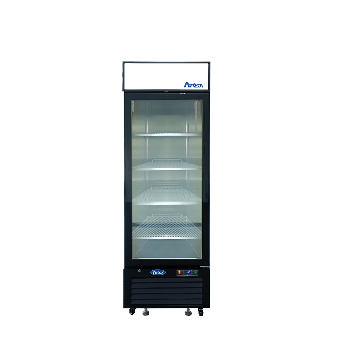 Atosa MCF8725GR single glass door merchandiser cooler, straight-on front view, empty stainless interior with pre-installed wire shelves and casters