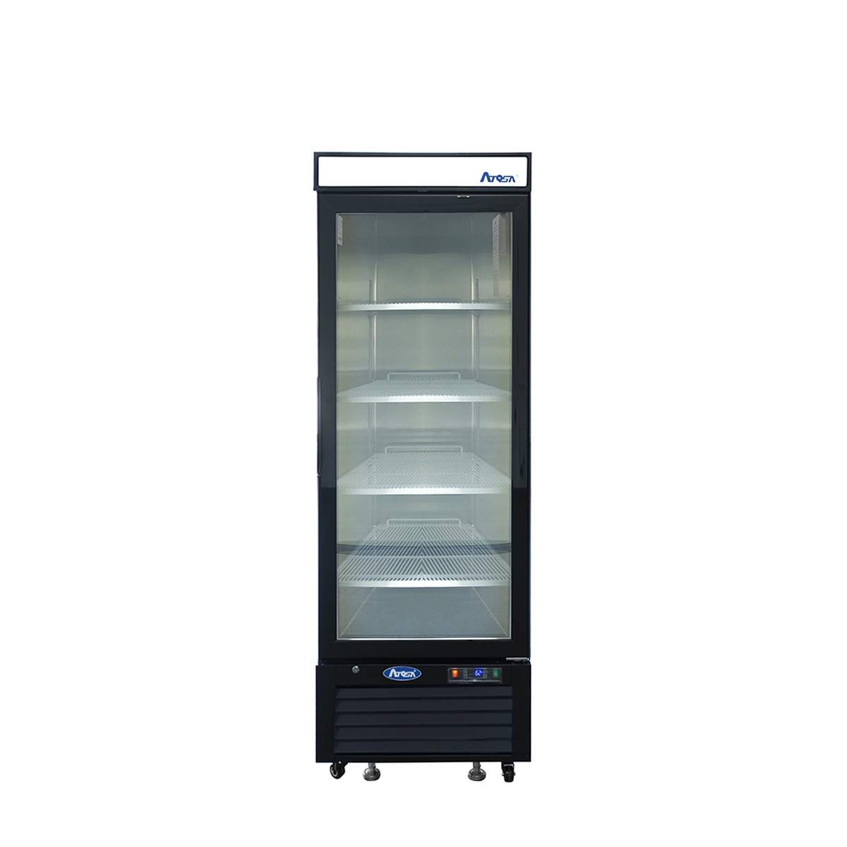 Atosa MCF8725GR single glass door merchandiser cooler, front view, empty interior with four wire shelves and bottom-mount compressor