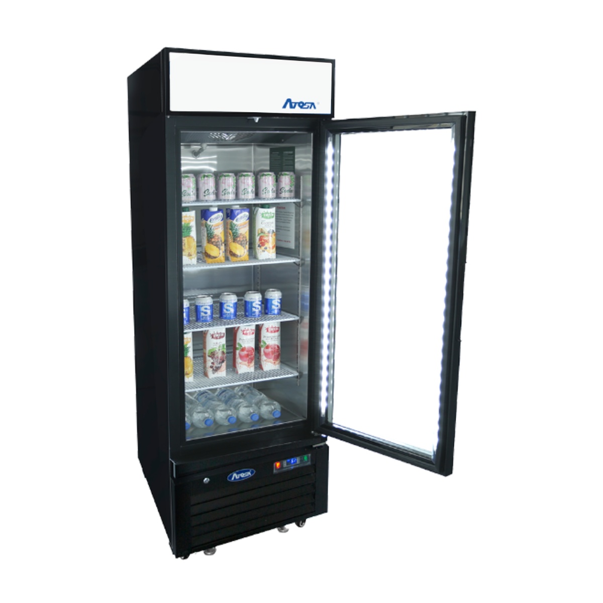 Atosa MCF8725GR glass door merchandiser cooler with door open, showing LED-lit stainless interior stocked with canned and bottled beverages on adjustable wire shelves