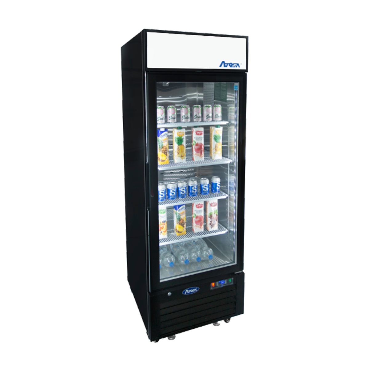 Atosa MCF8725GR glass door merchandiser cooler, angled three-quarter view, stocked with canned beverages and water bottles on four wire shelves
