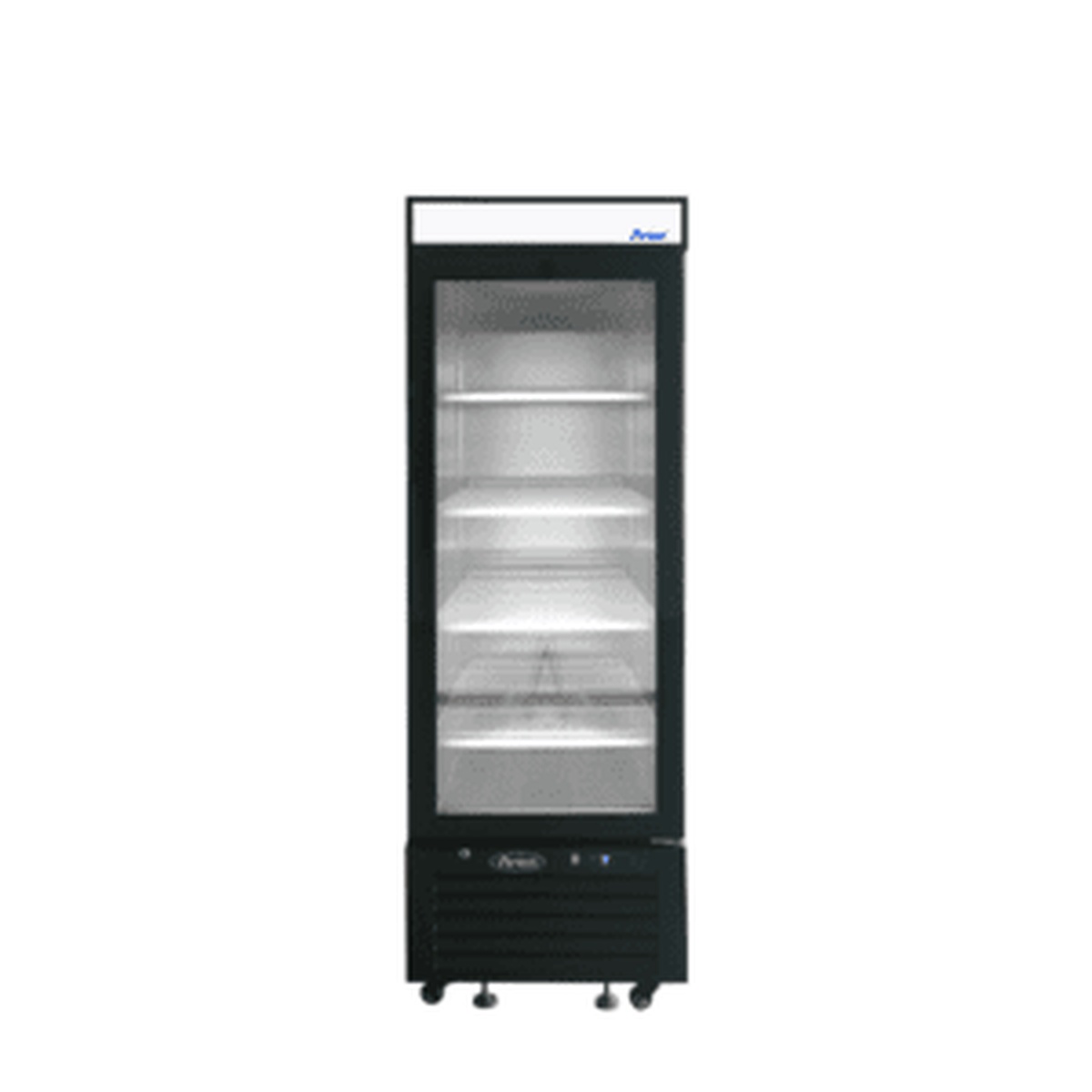 Front view of Atosa black glass door merchandiser cooler