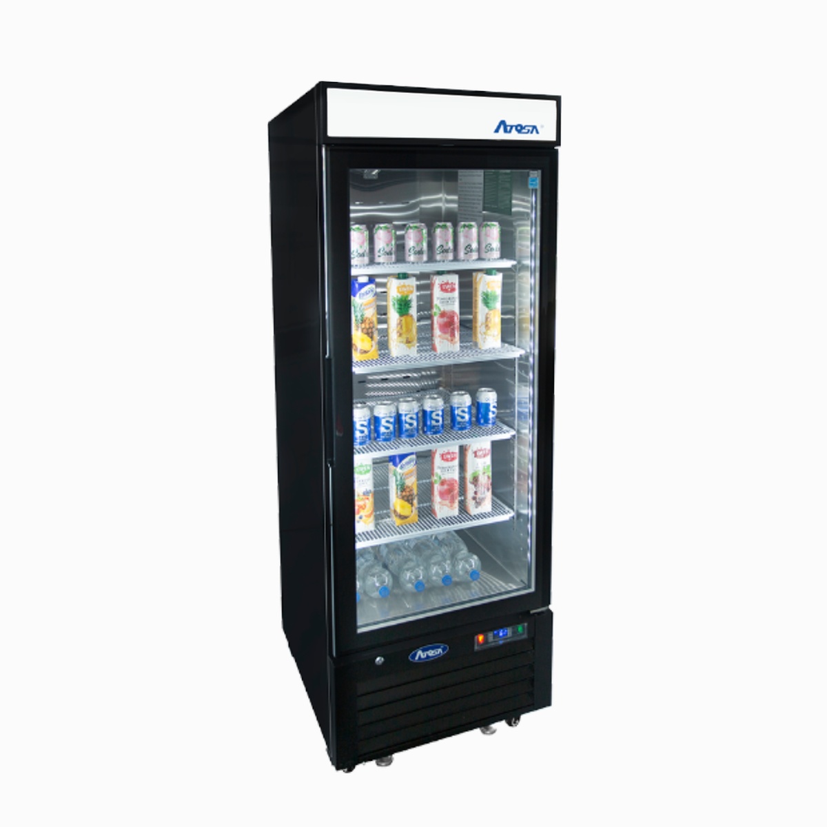 Atosa black single glass door merchandiser cooler with lighted header