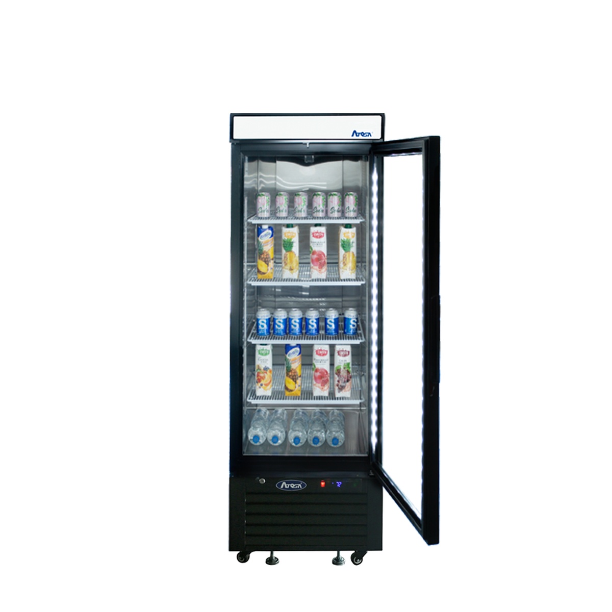 Atosa black merchandiser cooler with door open showing four shelves