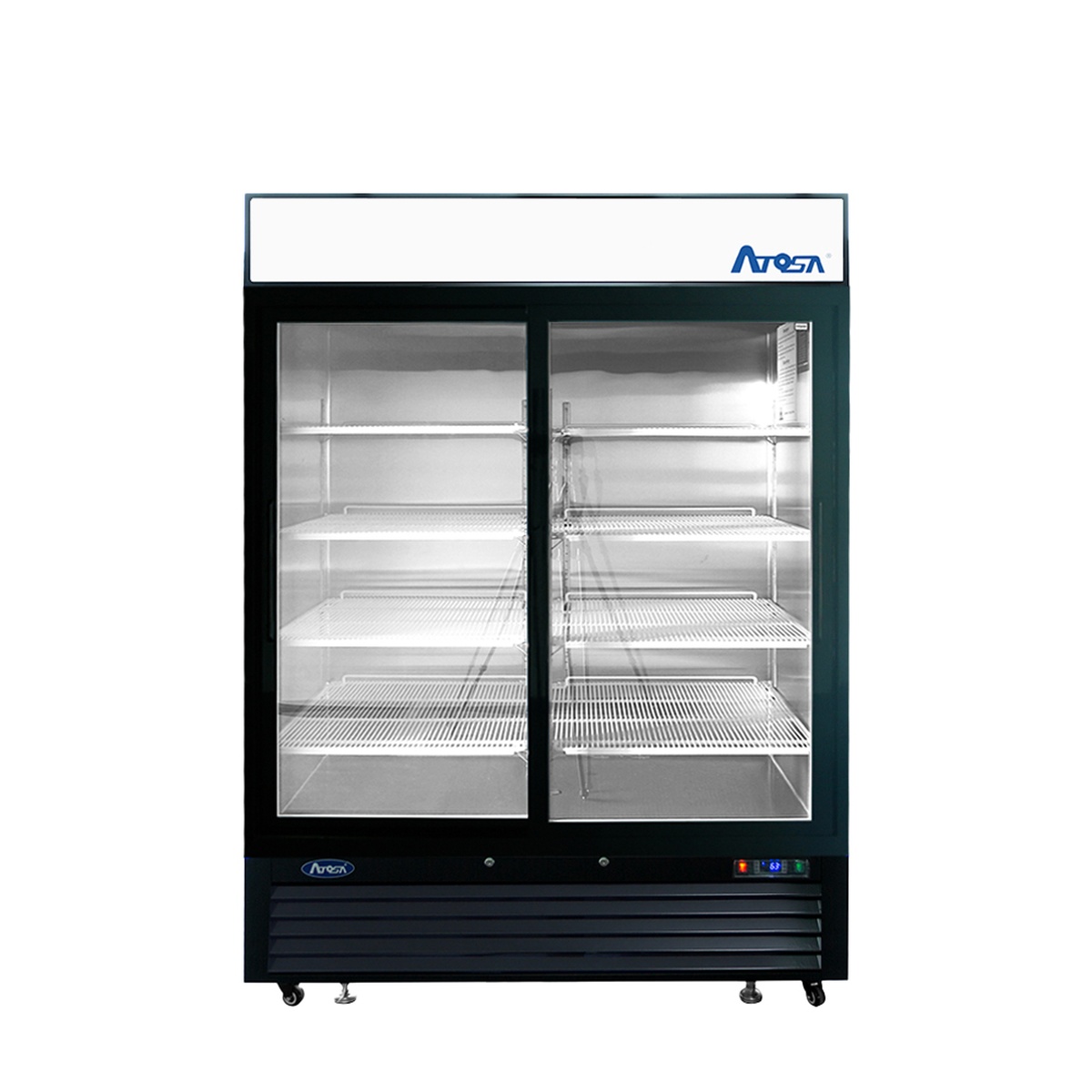 Atosa MCF8727GR two sliding glass door merchandiser refrigerator with black steel exterior, lighted header panel, and stainless steel interior shelves