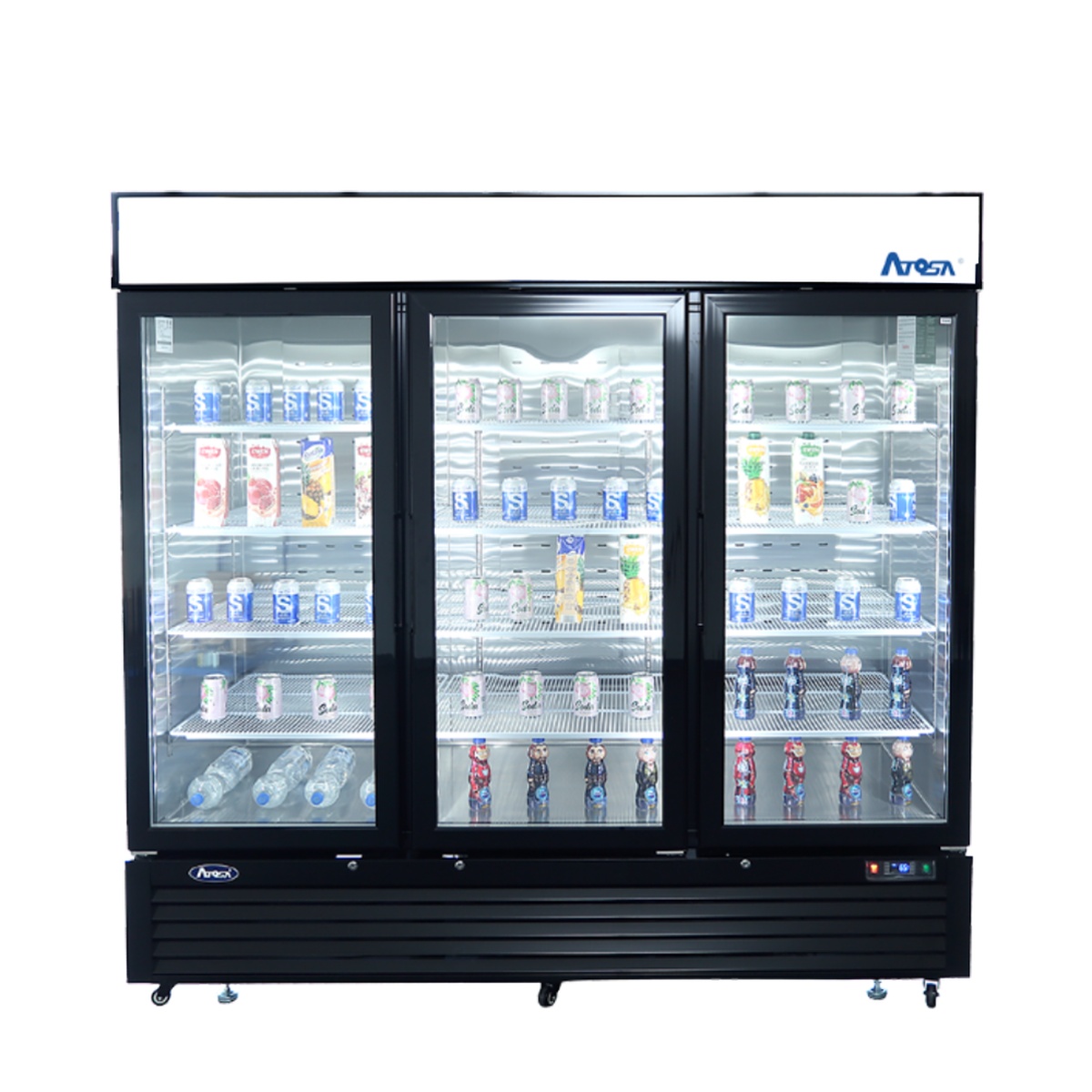 Atosa MCF8728GR three glass door merchandiser freezer, front view closed, black cabinet with lighted header panel