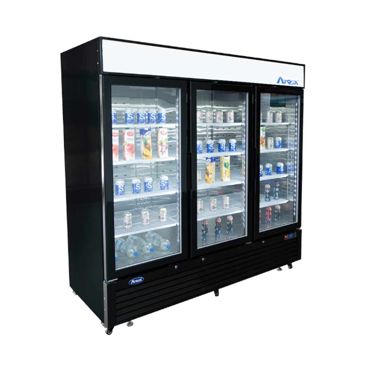 Atosa MCF8728GR three glass door merchandiser freezer, angled three-quarter view showing black cabinet profile and casters