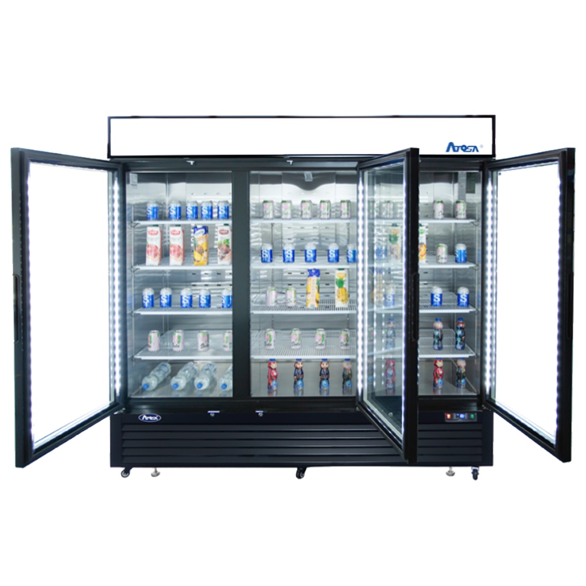 Atosa MCF8728GR three glass door merchandiser freezer with all three doors open, showing LED interior lighting and wire shelving