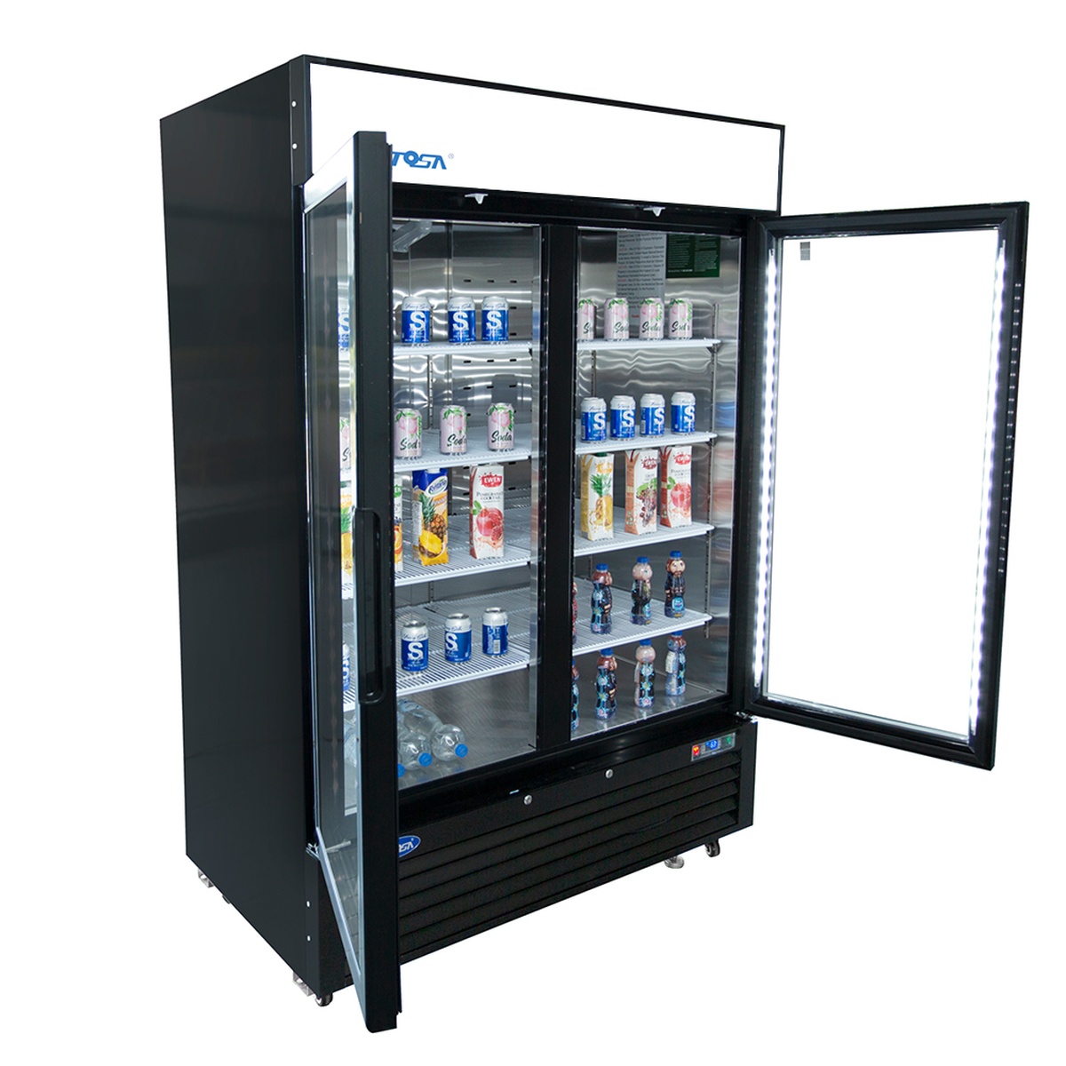 Angled view of merchandiser freezer with one glass door open showing LED lighting