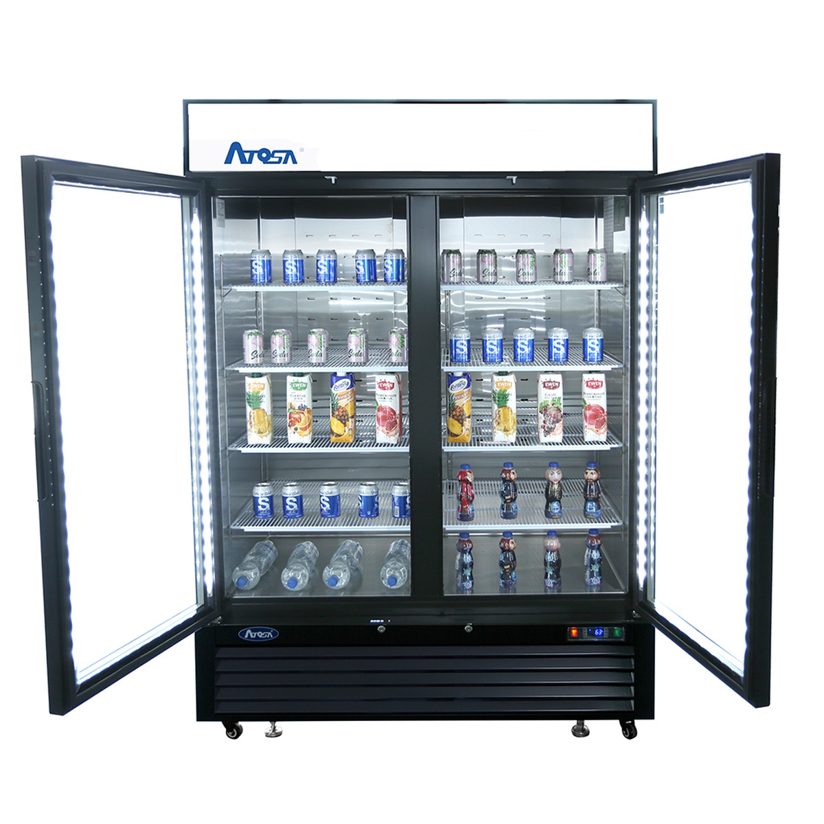 Two glass door freezer merchandiser shown open with illuminated interior shelves