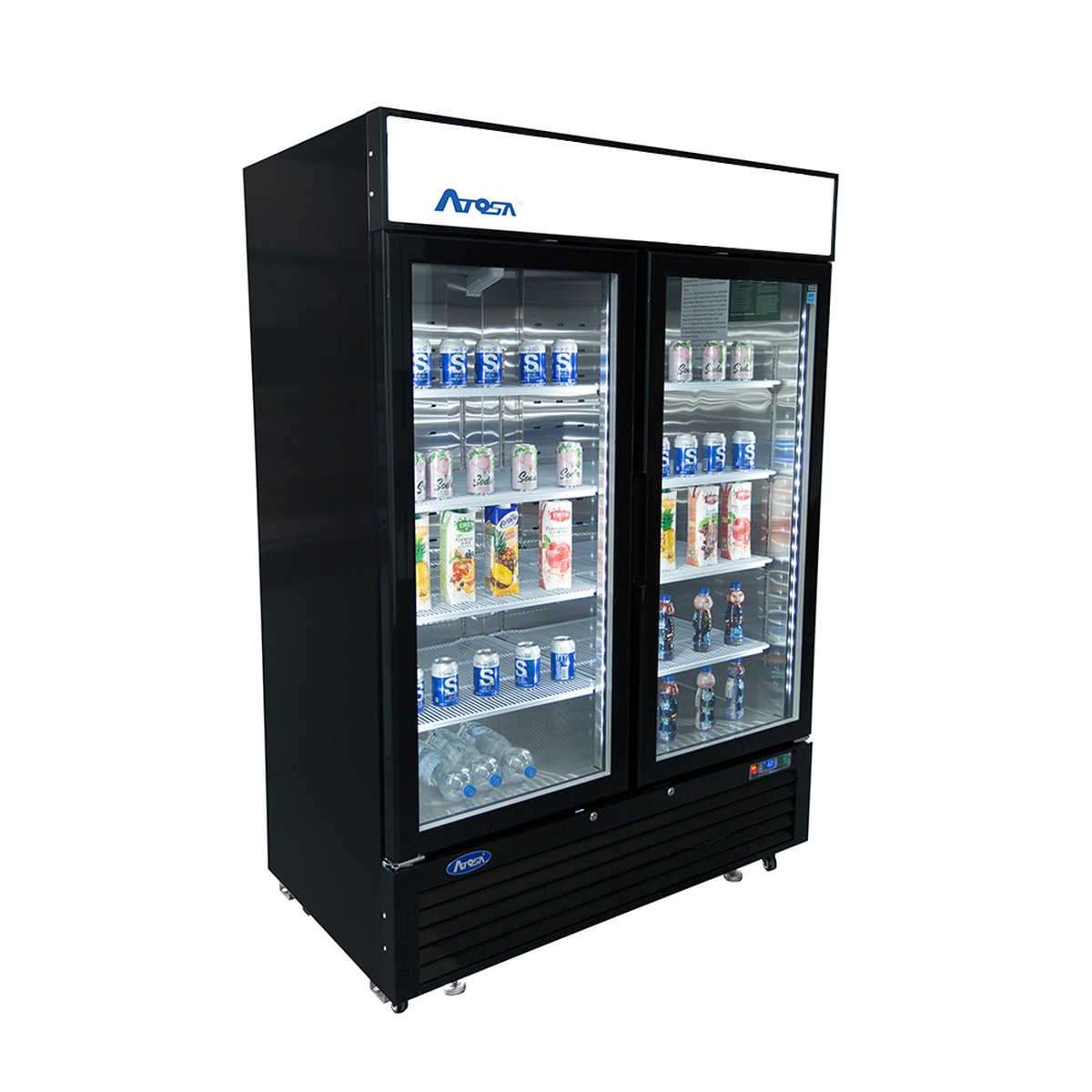 Angled view of black two glass door merchandiser freezer